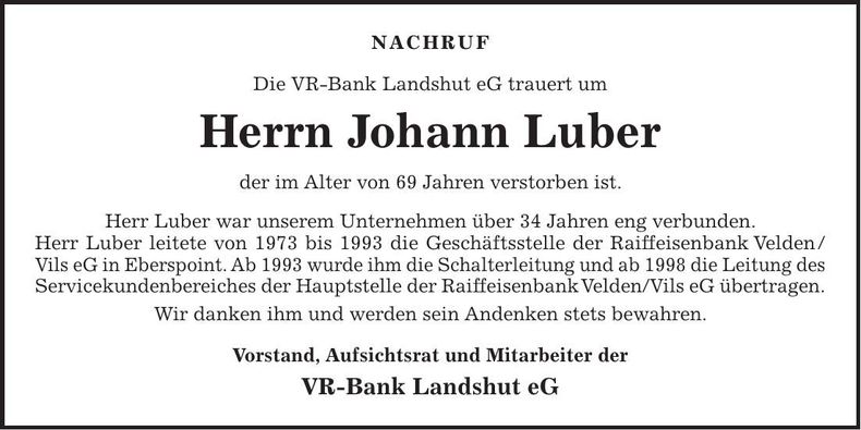 Traueranzeige Johann Luber