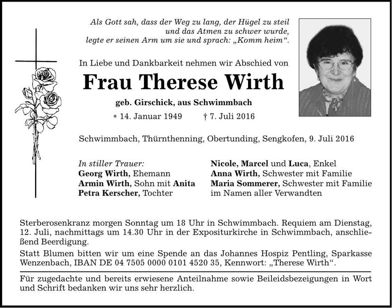 Traueranzeige Therese Wirth