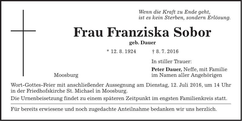 Traueranzeige Franziska Sobor