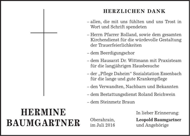 Traueranzeige Hermine Baumgartner