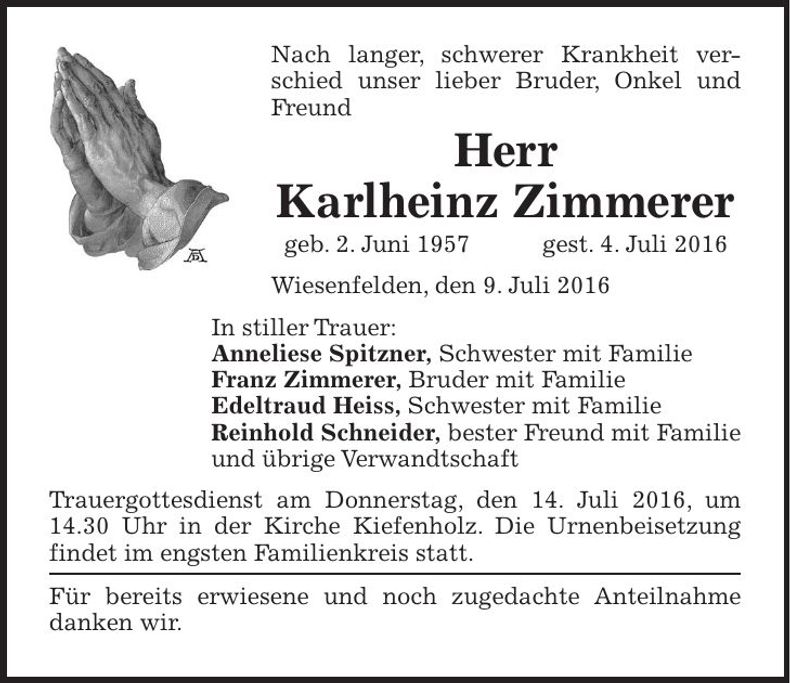 Traueranzeige Karlheinz Zimmerer