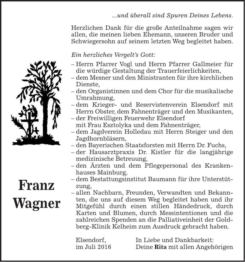 Traueranzeige Franz Wagner