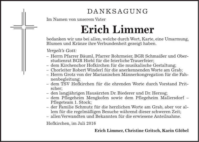 Traueranzeige Erich Limmer