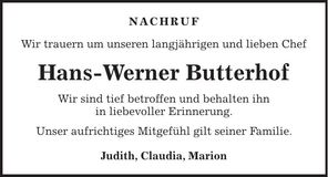 Traueranzeige Hans Werner Butterhof