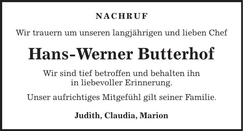 Traueranzeige Hans Werner Butterhof