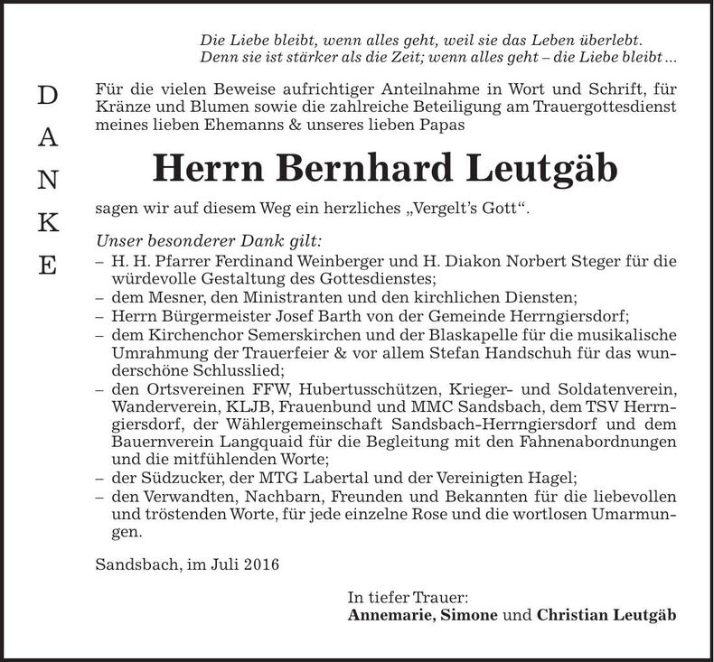 Traueranzeige Bernhard Leutgäb