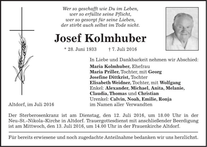 Traueranzeige Josef Kolmhuber