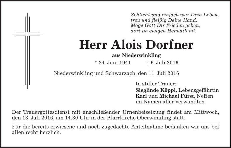 Traueranzeige Alois Dorfner