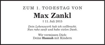 Traueranzeige Max Zankl