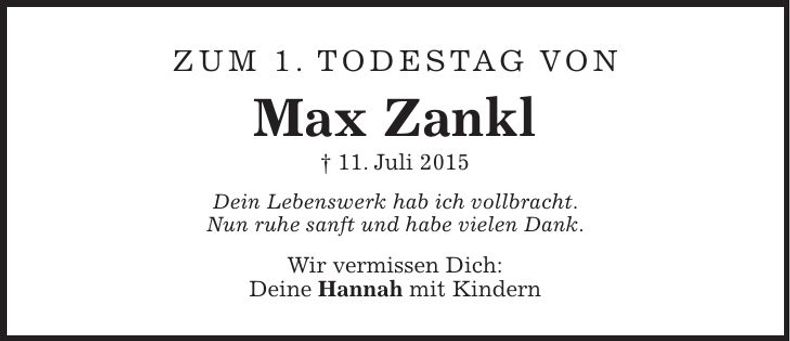 Traueranzeige Max Zankl