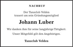 Traueranzeige Johann Luber