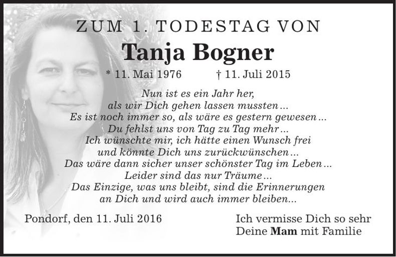 Traueranzeige Tanja Bogner