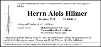 Traueranzeige Alois Hilmer