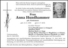 Traueranzeige Anna Hundhammer