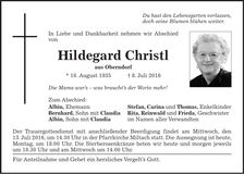 Traueranzeige Hildegard Christl