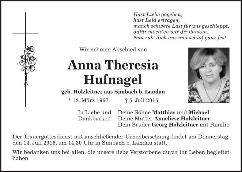 Traueranzeige Anna Theresia Hufnagel