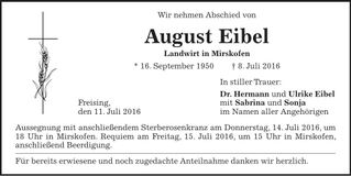 Traueranzeige August Eibel