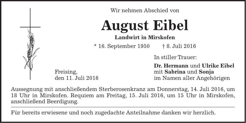 Traueranzeige August Eibel