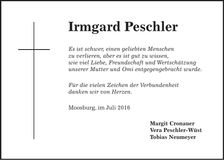 Traueranzeige Irmgard Peschler