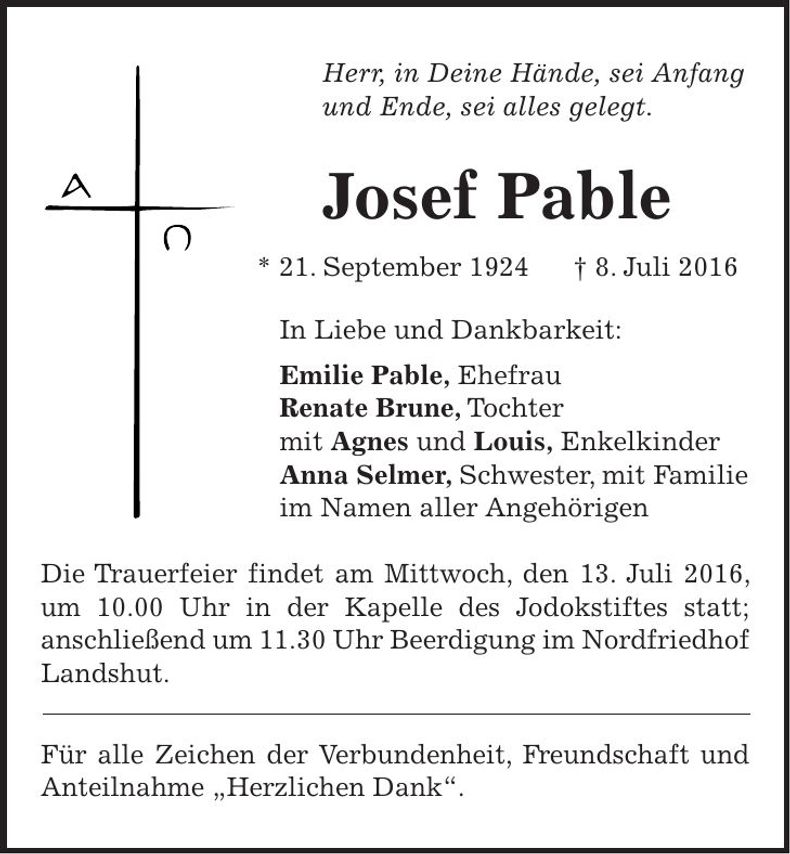 Traueranzeige Josef Pable