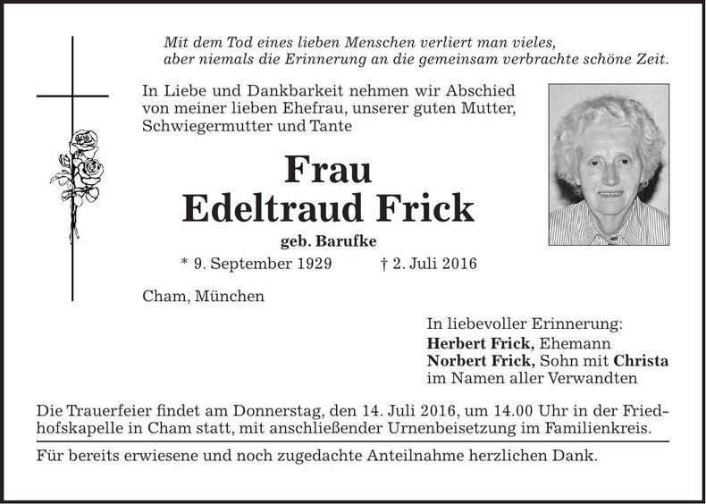 Traueranzeige Edeltraud Frick