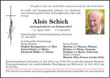 Traueranzeige Alois Schick