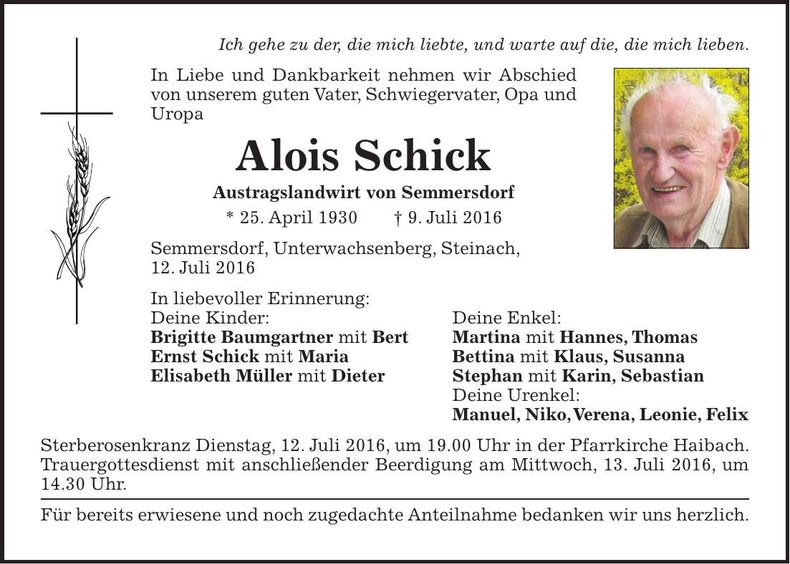 Traueranzeige Alois Schick
