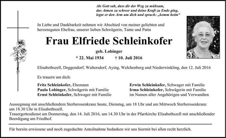Traueranzeige Elfriede Schleinkofer