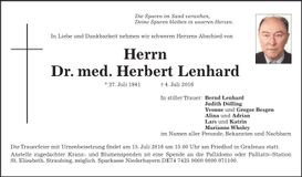 Traueranzeige Herbert Lenhard Dr. med.