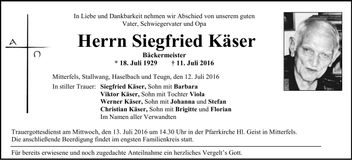Traueranzeige Siegfried Käser