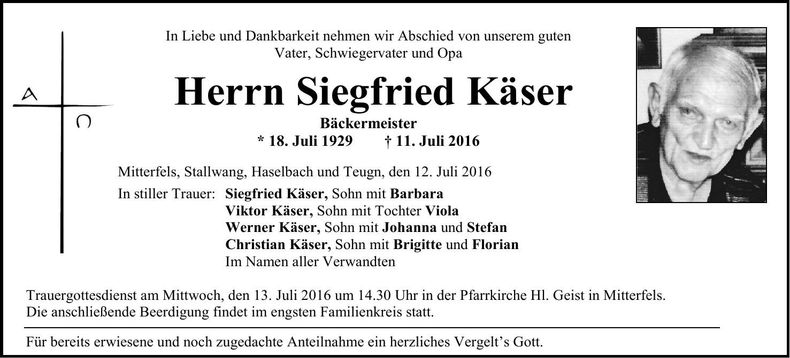 Traueranzeige Siegfried Käser