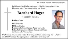 Traueranzeige Bernhard Hager