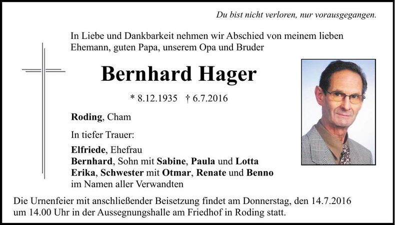 Traueranzeige Bernhard Hager