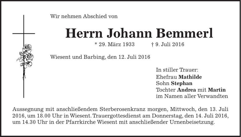 Traueranzeige Johann Bemmerl
