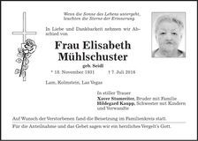 Traueranzeige Elisabeth Mühlschuster