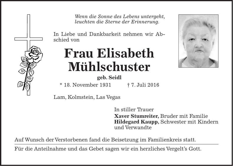 Traueranzeige Elisabeth Mühlschuster