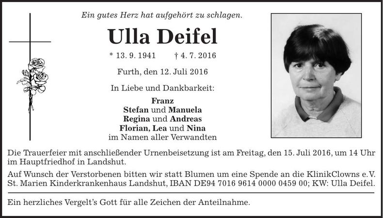 Traueranzeige Ulla Deifel