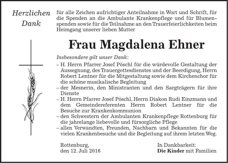 Traueranzeige Magdalena Ehner