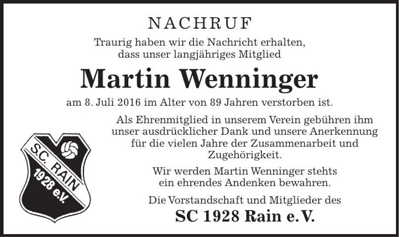 Traueranzeige Martin Wenninger