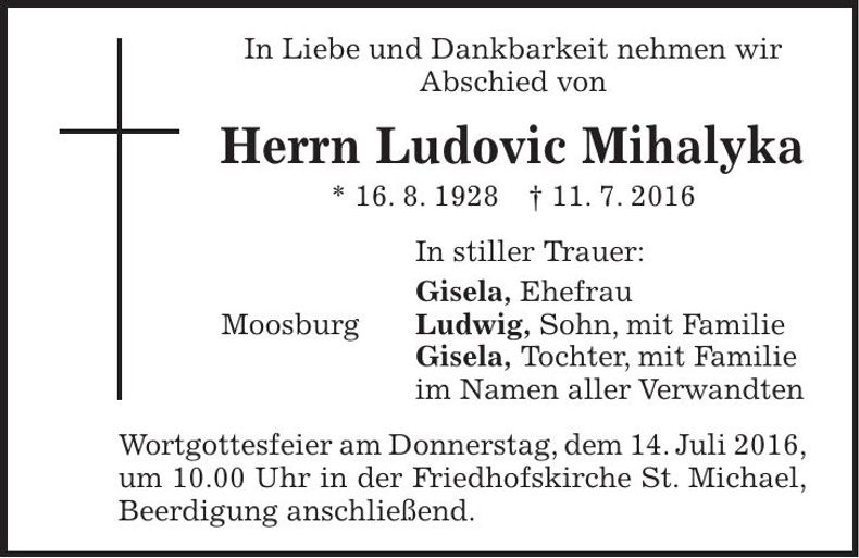 Traueranzeige Ludovic Mihalyka