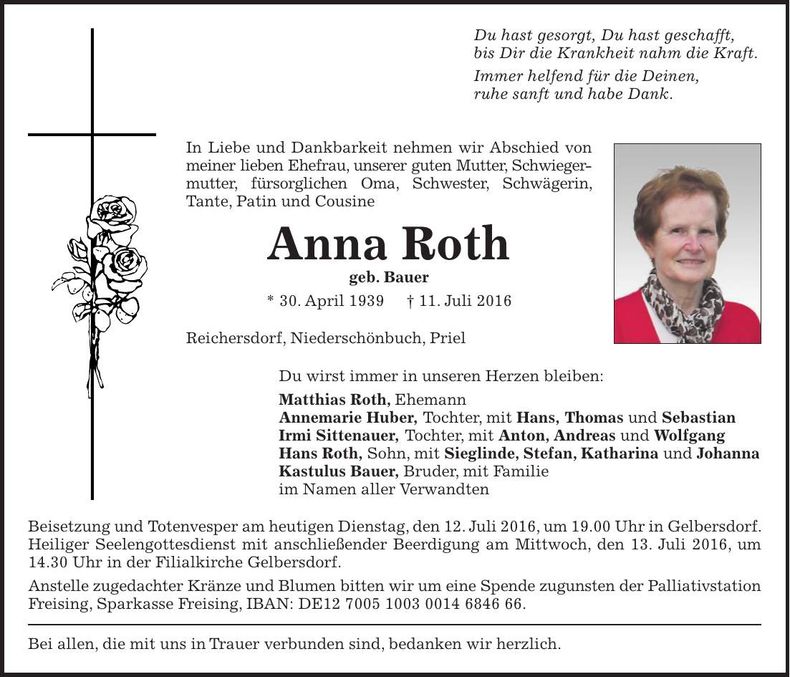 Traueranzeige Anna Roth