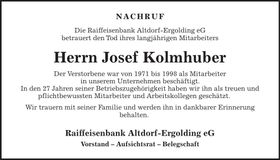 Traueranzeige Josef Kolmhuber