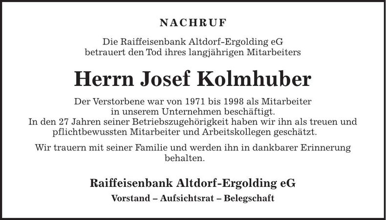 Traueranzeige Josef Kolmhuber