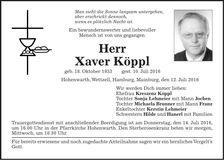 Traueranzeige Xaver Köppl