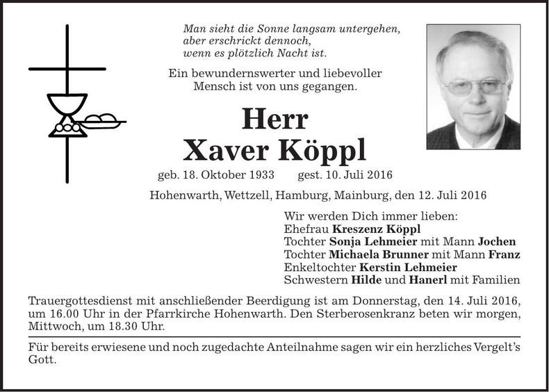 Traueranzeige Xaver Köppl