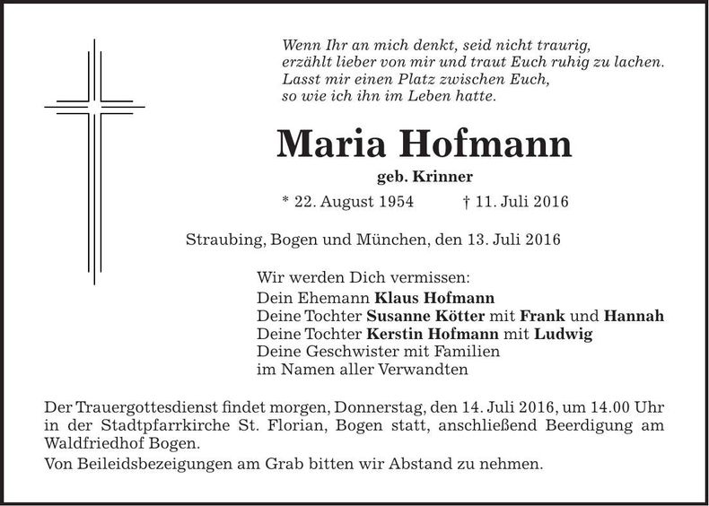 Traueranzeige Maria Hofmann