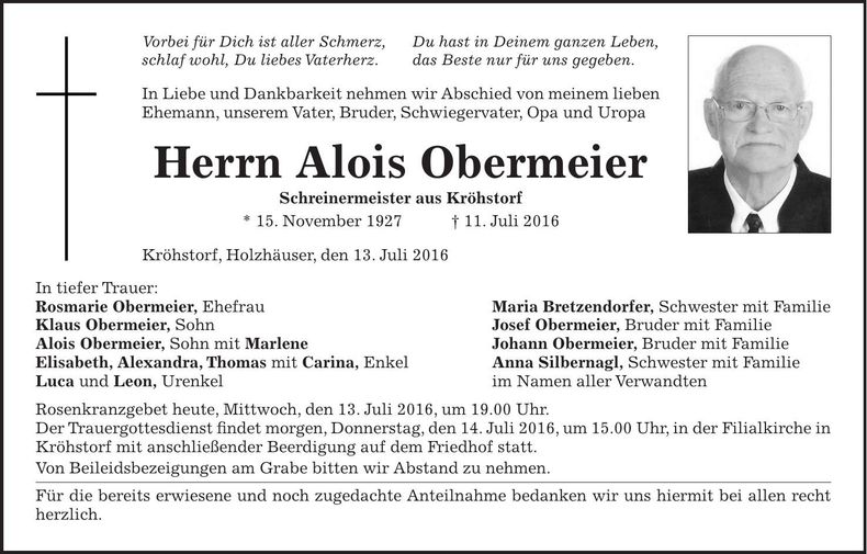 Traueranzeige Alois Obermeier