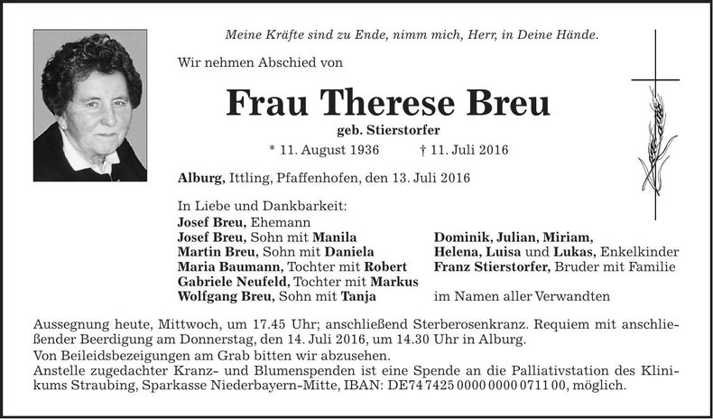 Traueranzeige Therese Breu