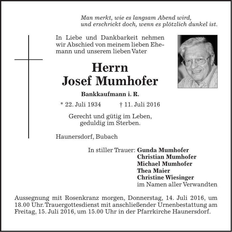 Traueranzeige Josef Mumhofer