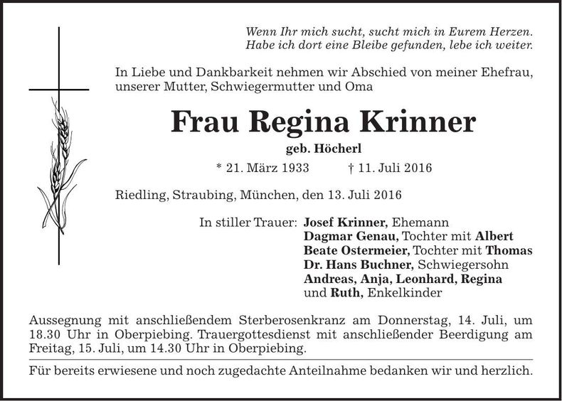 Traueranzeige Regina Krinner